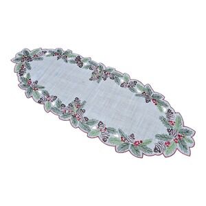 St. Nicholas Square Holly Linen Table Runner 13"X35" Pinecone Woodsy Country EUC